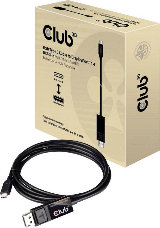 Produktbild: club3D USB-C&reg; / DisplayPort Adapterkabel USB-C&reg; Stecker, DisplayPort Stecker 1.80 m Schwarz CAC-1557 Flammwidrig USB-C&reg;-Displaykabel