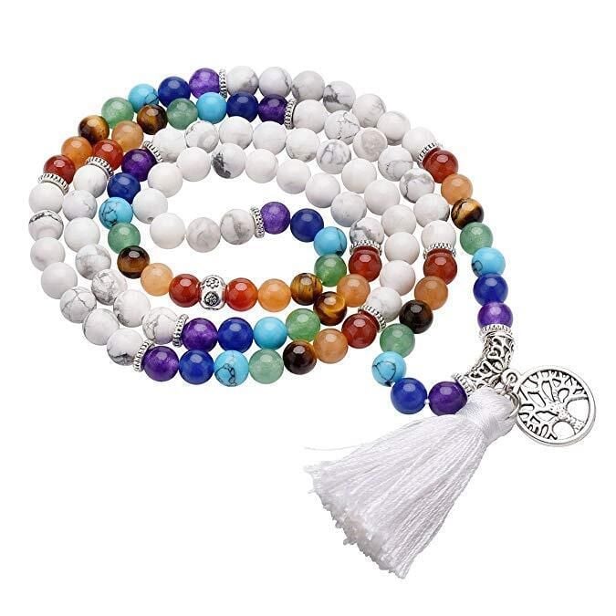 Produktbild: Mala "Chakra Lebensbaum" 108 Howlith- und Chakra Edelsteine mit Metall Anh&auml;nger