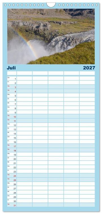 Produktbild: Familienplaner 2027 - Island - Gletscher, Wasserf&auml;lle, Hei&szlig;e Quellen mit 5 Spalten (Wandkalender, 21 x 45 cm) CALVENDO