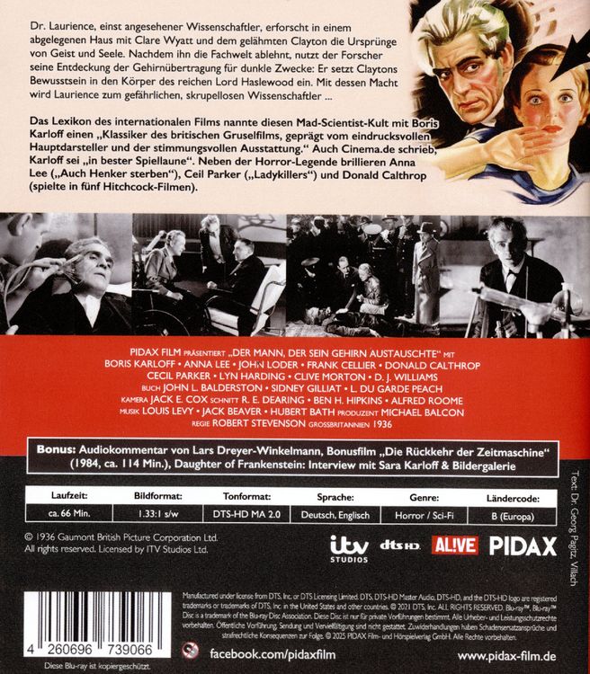 Produktbild: Der Mann, der sein Gehirn austauschte (The man who changed his mind) / Horror-Klassiker mit &bdquo;Frankenstein&ldquo; Boris Karloff + Bonusfilm (Pidax Film-Klassiker)