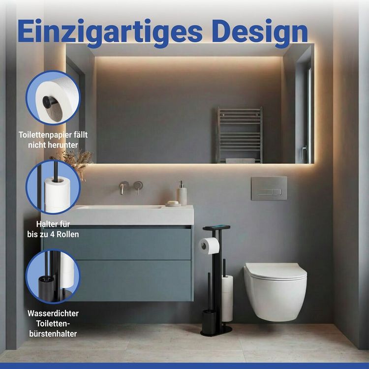 Produktbild: Stand WC-Garnitur Mod. Orea Schwarz, mit Ablagefl&auml;che und Ersatzrollenhalter