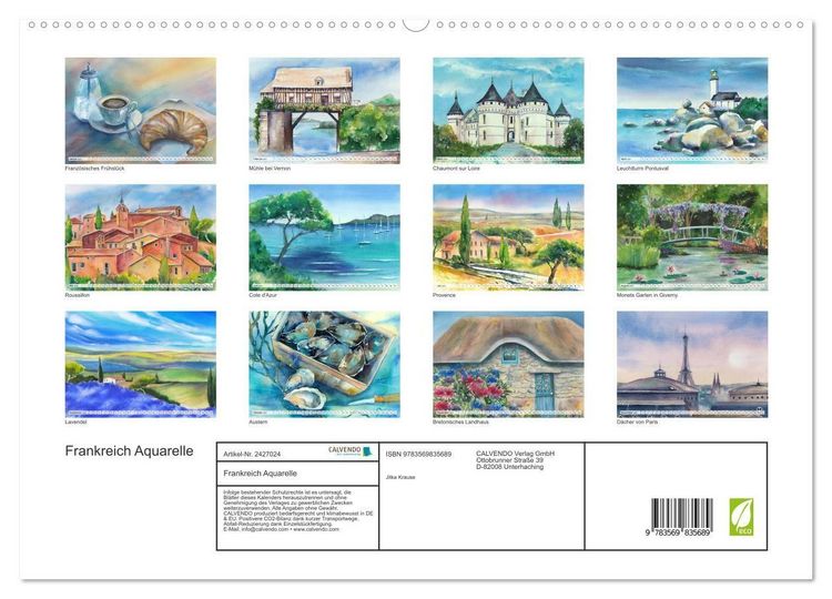 Produktbild: Frankreich Aquarelle (hochwertiger Premium Wandkalender 2027 DIN A2 quer), Kunstdruck in Hochglanz