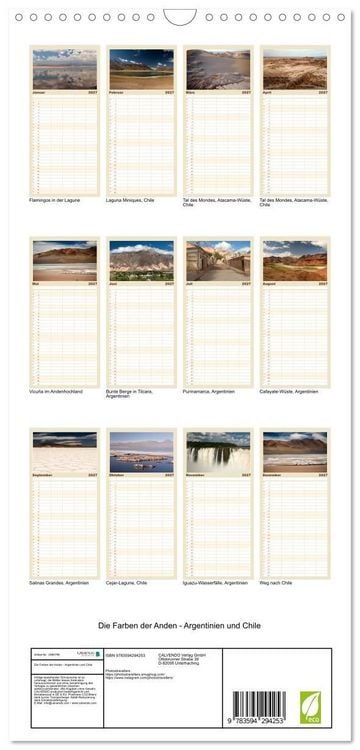 Produktbild: Familienplaner 2027 - Die Farben der Anden - Argentinien und Chile mit 5 Spalten (Wandkalender, 21 x 45 cm) CALVENDO