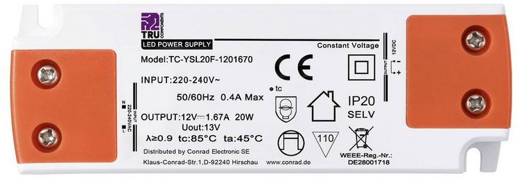 Produktbild: TRU COMPONENTS TC-YSL20F-1201670 LED-Trafo Konstantspannung 20W 1.67A 12 V/DC M&ouml;belzulassung, &Uuml;berspannung, Montage auf