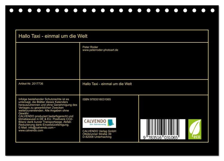 Produktbild: Hallo Taxi - einmal um die Welt (Tischkalender 2026 DIN A5 quer), CALVENDO Monatskalender