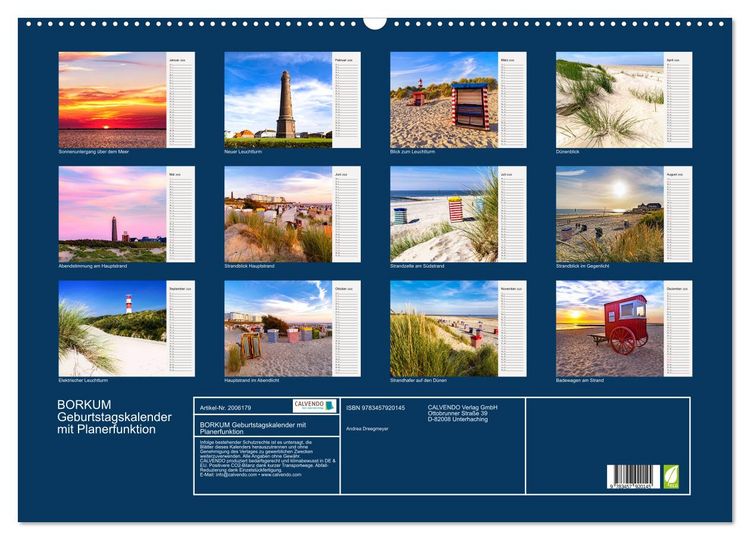 Produktbild: BORKUM Geburtstagskalender mit Planerfunktion (Wandkalender 2026 DIN A2 quer), CALVENDO Monatskalender