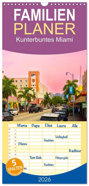Produktbild: Familienplaner 2026 - Kunterbuntes Miami mit 5 Spalten (Wandkalender, 21 x 45 cm) CALVENDO