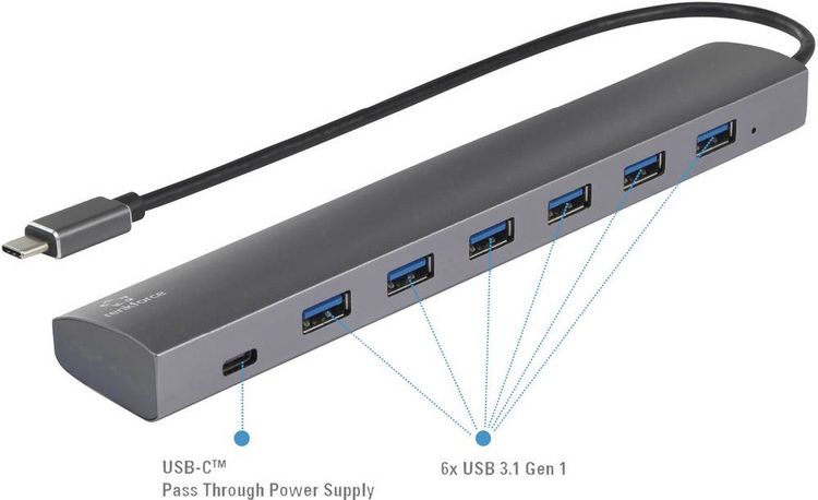 Produktbild: Renkforce RF-3374946 USB-Hub 6+1 Port USB-A USB 3.2 Gen1 5 GBit/s mit Pass-Through Stromanschluss, mit Aluminiumgeh&auml;use Silber
