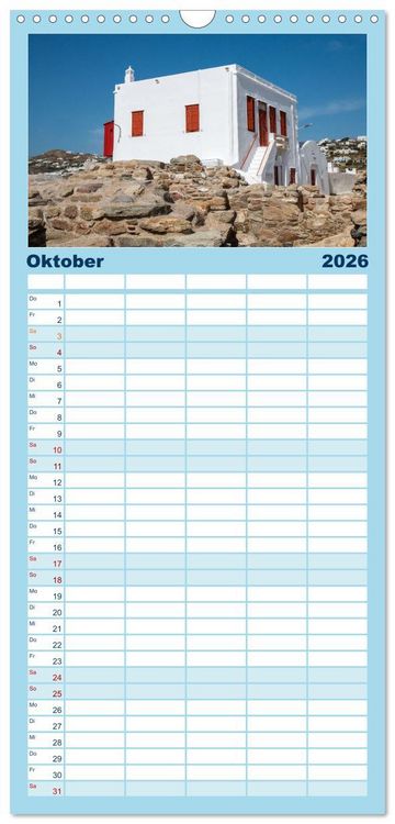 Produktbild: Familienplaner 2026 - Mykonos - Natur, Meer und wei&szlig;e W&auml;nde mit 5 Spalten (Wandkalender, 21 x 45 cm) CALVENDO