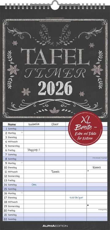 Produktbild: Tafel Timer Familienplaner 2026 - Familienkalender 22x45 cm - 4 Spalten - Kalender mit Ferienterminen und vielen Zusatzinformationen - Wandkalender