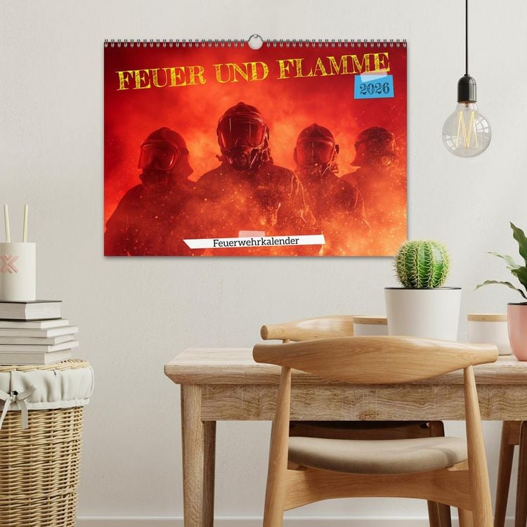 Produktbild: Feuer und Flamme - Feuerwehrkalender (Wandkalender 2026 DIN A3 quer), CALVENDO Monatskalender
