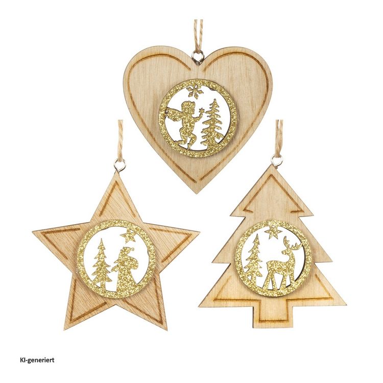 Produktbild: HTI-Living Baumschmuck natur-gold, 3er Set Holz Baumschmuck natur-gold, 3er Set Holz