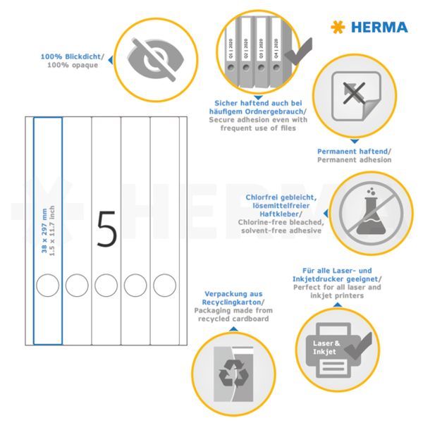 Produktbild: HERMA Ordneretiketten permanent wei&szlig; 38x297mm 25 Blatt 125 St&uuml;ck
