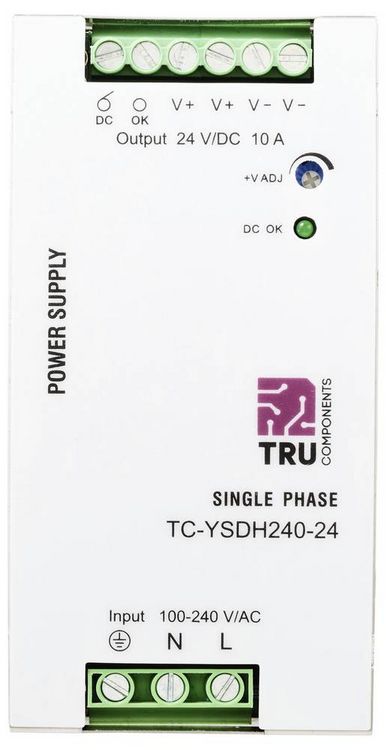Produktbild: TRU COMPONENTS TC-13850160 Hutschienen-Netzteil (DIN-Rail) 24 V/DC 10 A 240 W Anzahl Ausg&auml;nge:1 x Inhalt 1 St.