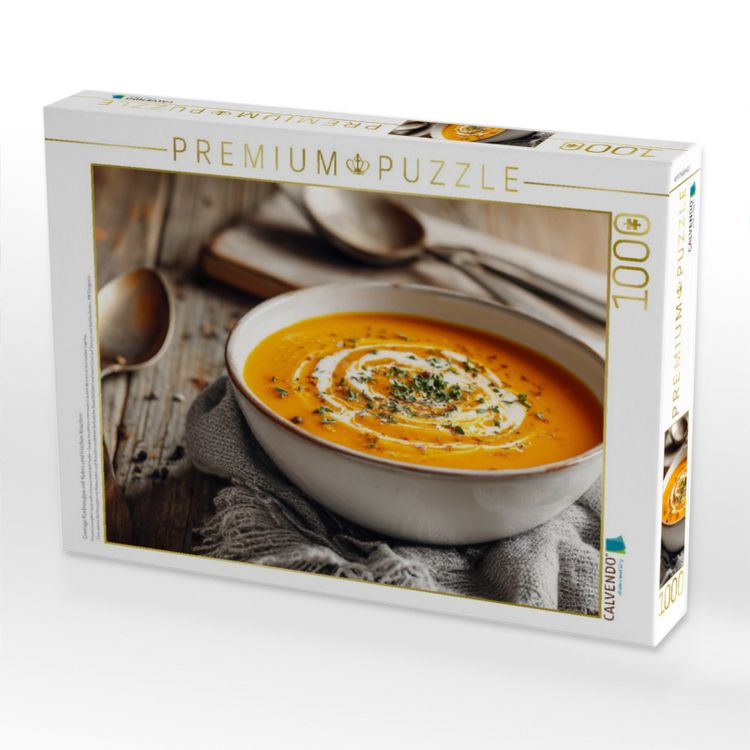 Produktbild: CALVENDO Puzzle Cremige K&uuml;rbissuppe mit Kokos und frischen Kr&auml;utern | 1000 Teile Lege-Gr&ouml;&szlig;e 64x48cm Foto-Puzzle f&uuml;r gl&uuml;ckliche Stunden
