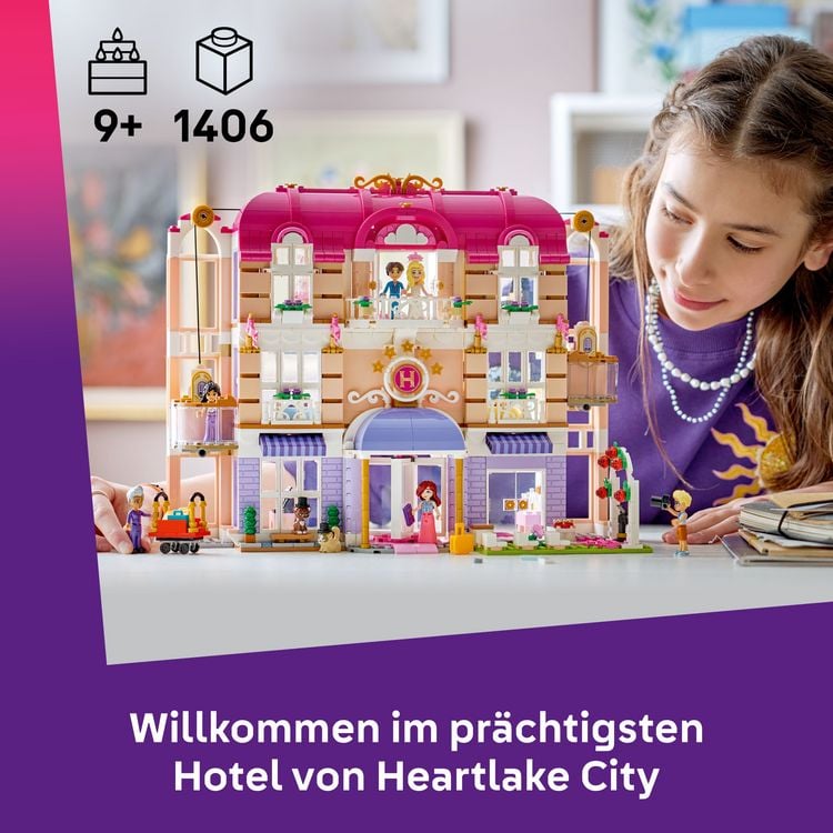 Produktbild: LEGO Friends 42704 Das Grandhotel von Heartlake City, Spielset mit 6 Spielfiguren und 2 Katzen