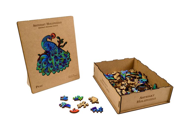 Produktbild: Artefakt Holzpuzzle 2 in 1 Pfau, 132 Teile, in Holzbox