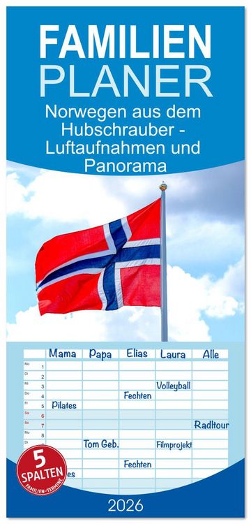 Produktbild: Familienplaner 2026 - Norwegen aus dem Hubschrauber - Luftaufnahmen und Panorama mit 5 Spalten (Wandkalender, 21 x 45 cm) CALVENDO