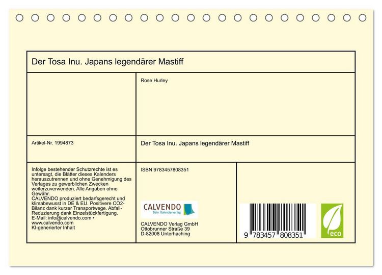 Produktbild: Der Tosa Inu. Japans legend&auml;rer Mastiff (Tischkalender 2026 DIN A5 quer), CALVENDO Monatskalender