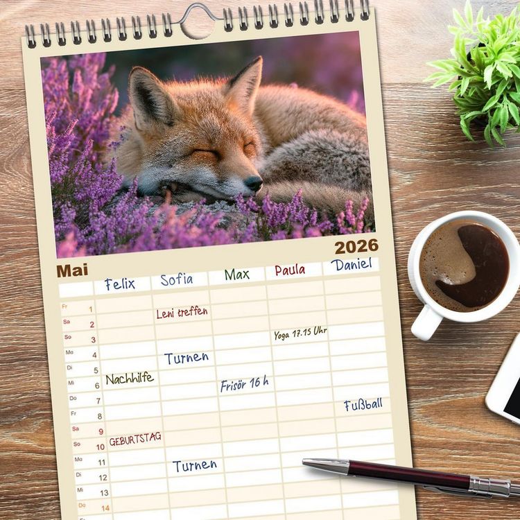 Produktbild: Familienplaner 2026 - GUTE NACHT - Schlafende Tiere, traumhaft sch&ouml;n mit 5 Spalten (Wandkalender, 21 x 45 cm) CALVENDO