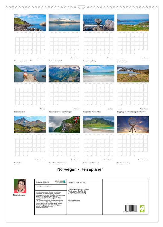 Produktbild: Norwegen - Reiseplaner (Wandkalender 2026 DIN A2 hoch), CALVENDO Monatskalender