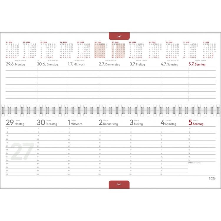 Produktbild: Tisch-Querkalender Profi rot 2025 - Büro-Planer 29,7x10,5 cm - Tisch-Kalender - 1 Woche 2 Seiten - Ringbindung - Zettler