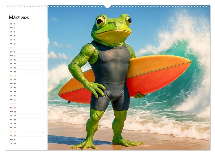 Produktbild: Frosch am Strand - Sommer, Sonne, gr&uuml;ne Haut (Wandkalender 2026 DIN A2 quer), CALVENDO Monatskalender