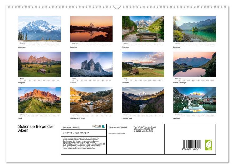 Produktbild: Sch&ouml;nste Berge der Alpen (hochwertiger Premium Wandkalender 2026 DIN A2 quer), Kunstdruck in Hochglanz