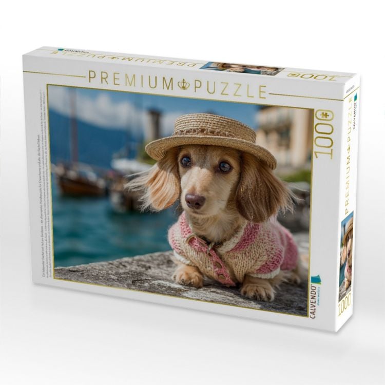 Produktbild: CALVENDO Puzzle Ein liebevoller Dackel mit Hut am Gardasee - ein charmantes Hundepuzzle f&uuml;r Erwachsene und alle, die Dackel lieben. | 1000 Teile Lege-Gr&ouml;&szlig;e 64x48cm Foto-Puzzle f&uuml;r gl&uuml;ckliche Stunden