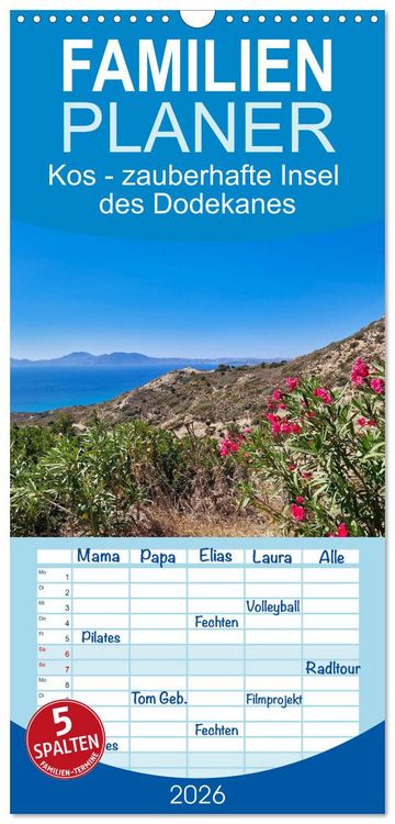 Produktbild: Familienplaner 2026 - Kos - zauberhafte Insel des Dodekanes mit 5 Spalten (Wandkalender, 21 x 45 cm) CALVENDO