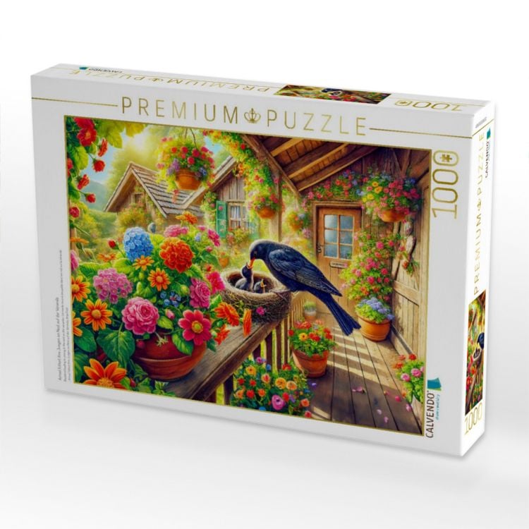 Produktbild: CALVENDO Puzzle Amsel f&uuml;ttert ihre Jungen im Nest auf der Veranda | 1000 Teile Lege-Gr&ouml;&szlig;e 64x48cm Foto-Puzzle f&uuml;r gl&uuml;ckliche Stunden