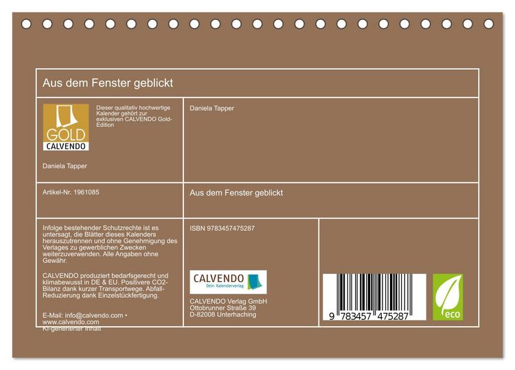 Produktbild: Aus dem Fenster geblickt (Tischkalender 2026 DIN A5 quer), CALVENDO Monatskalender