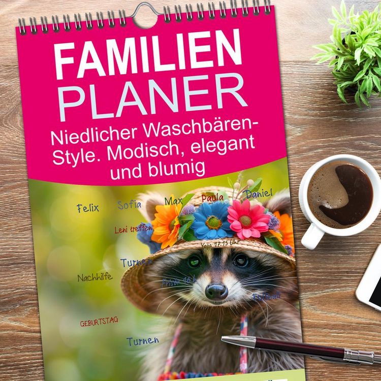 Produktbild: Familienplaner 2026 - Niedlicher Waschb&auml;ren-Style. Modisch, elegant und blumig mit 5 Spalten (Wandkalender, 21 x 45 cm) CALVENDO
