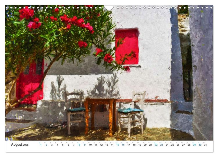 Produktbild: Urlaub auf Santorin - Gemalte Ansichten der Kykladeninsel (Wandkalender 2026 DIN A3 quer), CALVENDO Monatskalender