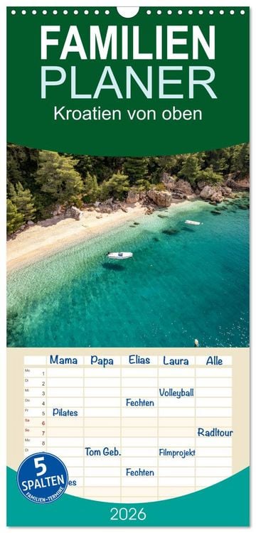 Produktbild: Familienplaner 2026 - Kroatien von oben mit 5 Spalten (Wandkalender, 21 x 45 cm) CALVENDO