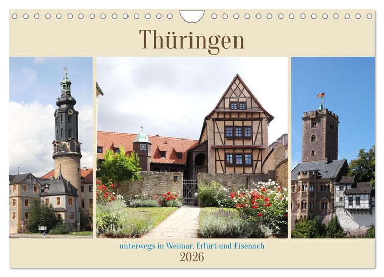 Produktbild: Th&uuml;ringen, unterwegs in Weimar, Erfurt und Eisenach (Wandkalender 2026 DIN A4 quer), CALVENDO Monatskalender