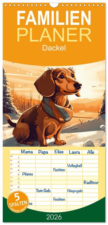 Produktbild: Familienplaner 2026 - Dackel mit 5 Spalten (Wandkalender, 21 x 45 cm) CALVENDO
