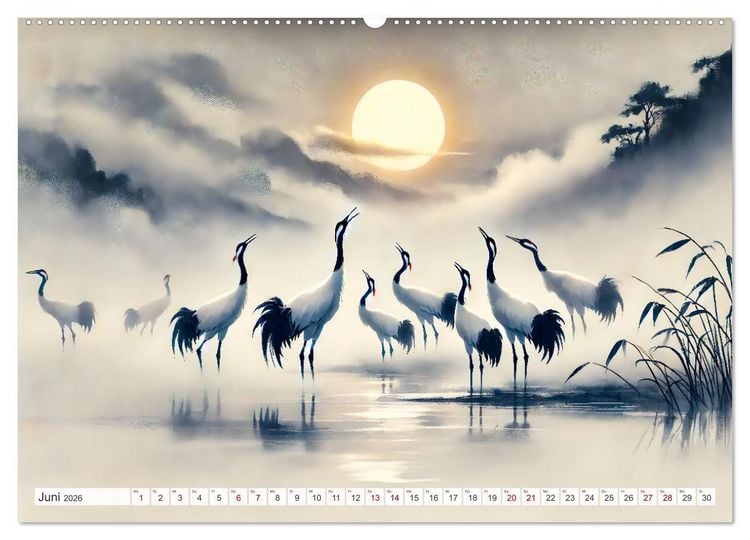 Produktbild: Eleganz der Kraniche - Majest&auml;tische V&ouml;gel in poetischer Tusche (Wandkalender 2026 DIN A2 quer), CALVENDO Monatskalender