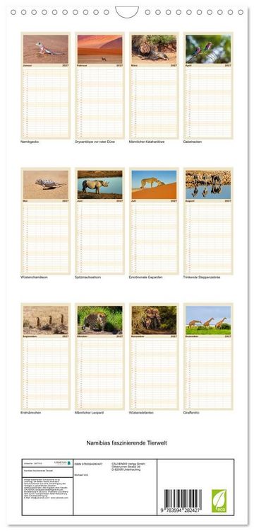 Produktbild: Familienplaner 2027 - Namibias faszinierende Tierwelt mit 5 Spalten (Wandkalender, 21 x 45 cm) CALVENDO