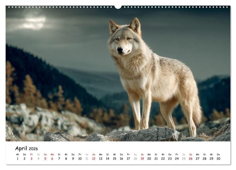 Produktbild: W&ouml;lfe im Mondlicht - Ruf der Wildnis (hochwertiger Premium Wandkalender 2026 DIN A2 quer), Kunstdruck in Hochglanz