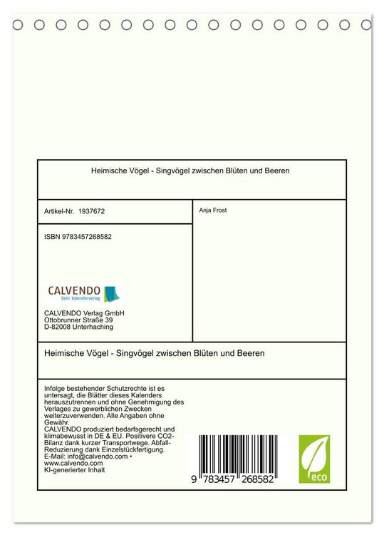 Produktbild: Heimische V&ouml;gel - Singv&ouml;gel zwischen Bl&uuml;ten und Beeren (Tischkalender 2026 DIN A5 hoch), CALVENDO Monatskalender