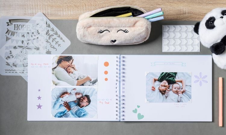 Produktbild: Scrapbooking-Set, Fotoalbum mit Spiralbindung, 50 Seiten wei&szlig;, 32x22 cm + Stifte, Sticker, Schablonen, Fotoecken