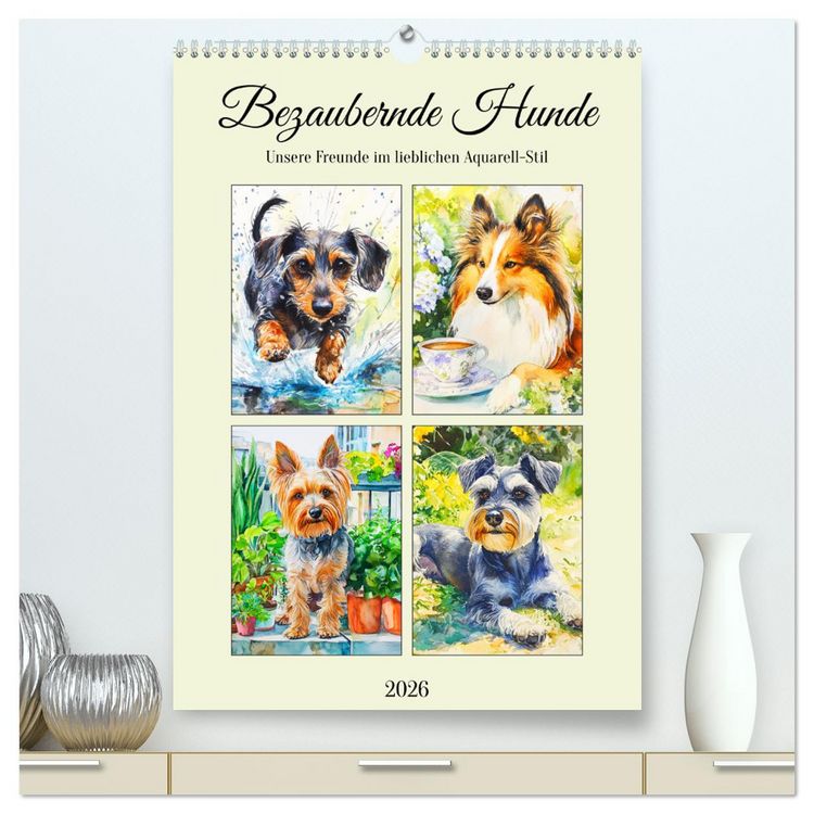 Produktbild: Bezaubernde Hunde. Unsere Freunde im lieblichen Aquarell-Stil (hochwertiger Premium Wandkalender 2026 DIN A2 hoch), Kunstdruck in Hochglanz