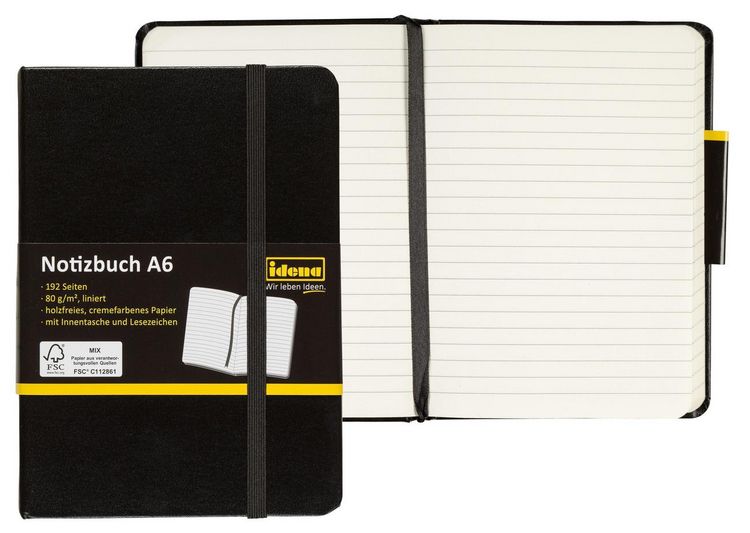 Produktbild: Idena Notizbuch 80g/m&sup2; liniert schwarz DIN A6 192 Seiten