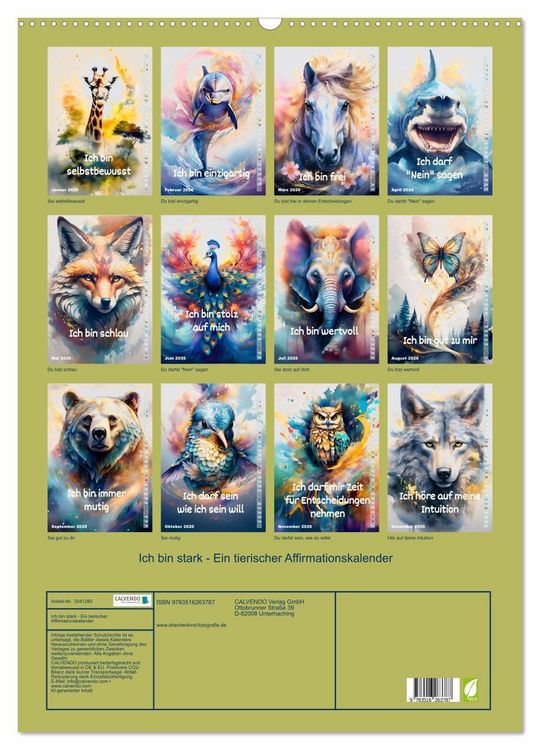 Produktbild: Ich bin stark - Ein tierischer Affirmationskalender (Wandkalender 2026 DIN A2 hoch), CALVENDO Monatskalender