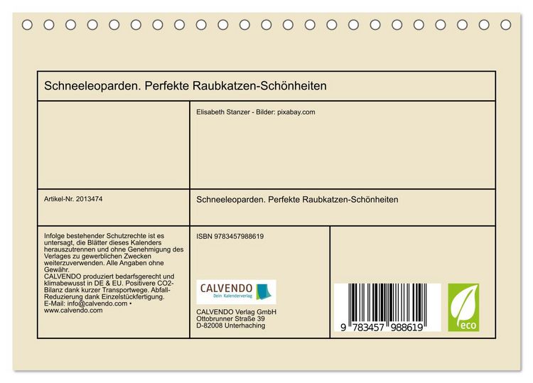 Produktbild: Schneeleoparden. Perfekte Raubkatzen-Sch&ouml;nheiten (Tischkalender 2026 DIN A5 quer), CALVENDO Monatskalender