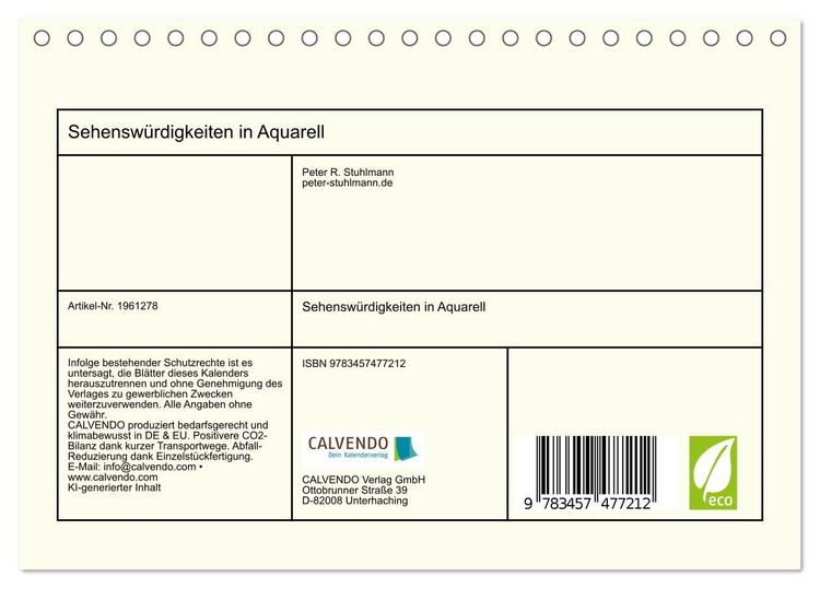 Produktbild: Sehensw&uuml;rdigkeiten in Aquarell (Tischkalender 2026 DIN A5 quer), CALVENDO Monatskalender