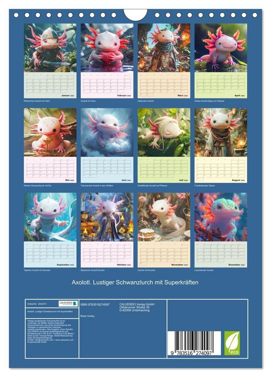 Produktbild: Axolotl. Lustiger Schwanzlurch mit Superkr&auml;ften (Wandkalender 2026 DIN A4 hoch), CALVENDO Monatskalender