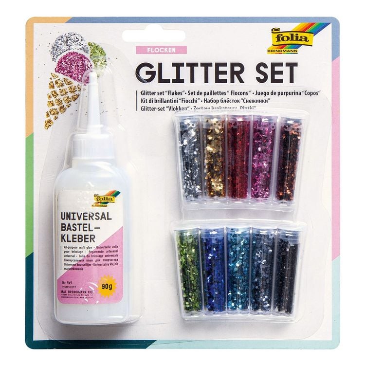 Produktbild: folia Glitter Set Flocken Set mit Universal Bastelkleber 90g