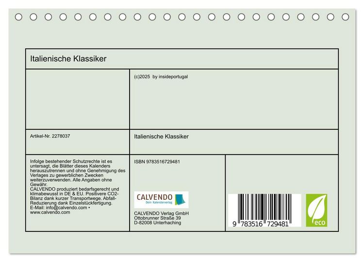 Produktbild: Italienische Klassiker (Tischkalender 2026 DIN A5 quer), CALVENDO Monatskalender